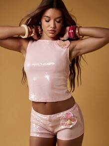 MISSGUIDED Sparkly Sequin Two Piece Festival Party Outfit With Flower Applique Detail Shorts Set Evening Dance Performance Costume - Pink - View 1