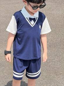 SHEIN 2pcs Young Boys Casual Sports Loose Fit V-Neck T-Shirt And Shorts Set, Comfortable Daily, Sports, Gathering Outfit, Suitable For Spring & Summer - Royal Blue - View 5
