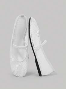 SheIn MOD 女士白色圆头柔软玛丽珍网眼透气蝴蝶结平底乐福鞋 - 白色 - 查看 1