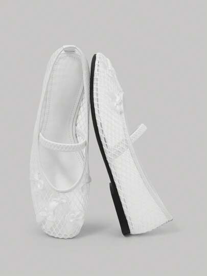 SheIn MOD 女士白色圆头柔软玛丽珍网眼透气蝴蝶结平底乐福鞋