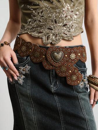 Hippie 1pc Heart Rivet Decor Vintage Western Belt Accessory, Retro American Retro Style In Stock