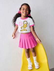 Maija Kids GARFIELD | SHEIN Maija Kids Young Girls Cartoon Cat Printed Round Neck Short Sleeve T-Shirt And Pleated Skirt 2pcs Set,Summer School Light Pink Kids Clothing Outfits - Pink - View 4
