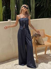 DAZY 2 件女式夏季撞色缝线开襟牛仔吊带背心和宽松休闲裤套装，度假风格轻便休闲牛仔套装