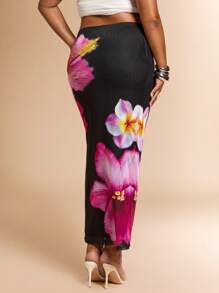 SHEIN BAE Plus Size Women's Spring/Summer Long Floral Print Fitted Mesh Skirt,4th Of July Curve,Airport Outfit Women,Fourth Of July,Birthday Outfits For Women,Club Outfits Women Sexy,Going Out,Festival Outfits For Women,Rave Outfits Festival,Sexy Outfits For Women,Classy Outfits For Women,Graduation,Beach Outfits For Woman,Hawaii Outfits Women,Vacation Outfits Woman,Beach Outfits For Woman Tropical Skirt Floral Skirt Long Floral Skirt Hibiscus Skirt Graphic Skirt
