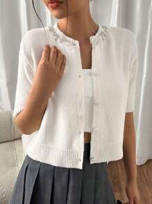 EURMUSE Women's Embellished Button-Up Wool Cardigan – Short-Sleeve Design With Delicate Beaded Neckline Detailing, Ribbed Hem Edges, And Soft Knit Fabric For A Cozy Yet Chic Winter Layer White Cropped Cardigan White Knit Cardigan Rhinestone Cardigan Pearl Button Cardigan,Long Cardigans Woman,Petite Cardigans,Cardigans - Cream - View 5