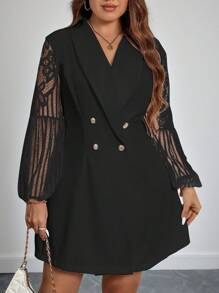 Celure Robe De Costume Double Boutonnage Cordon De Style Châle À Manches Lanterne En Dentelle Pour Grande Taille