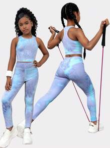 SHEIN 青少年女孩扎染针织吊带背心和紧身裤两件套，弹力舒适，适合瑜伽、学校运动 - 藍色 - 查看 2