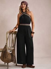Freevana Plus Size Vacation Cross V-Neck Strap Summer Boho Jumpsuit With Long Pants - Black - View 6