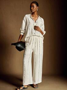 Écloséra 时尚休闲日常百搭宽松圆点条纹印花亚麻衬衫阔腿裤女士春秋套装休闲套装女士纽扣衬衫女士套装女士两件套女士衬衫女士休闲装春季