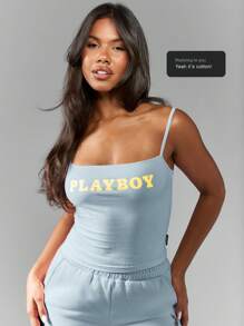 Missguided x Playboy 经典背心吊带夏季基本款运动休闲家居服时尚街头上衣运动装细肩带训练吊带背心 - 藍色 - 查看 6