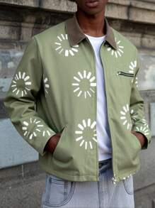 PAVTROS Manfinity Streetrush 男式太阳印花撞色翻领拉链前休闲绿色夹克男式夏季夹克图案夹克男式夏季夹克男式夏季夹克男式夏季夹克男式夹克工作夹克复古夹克印花夹克 - 軍綠色 - 查看 1