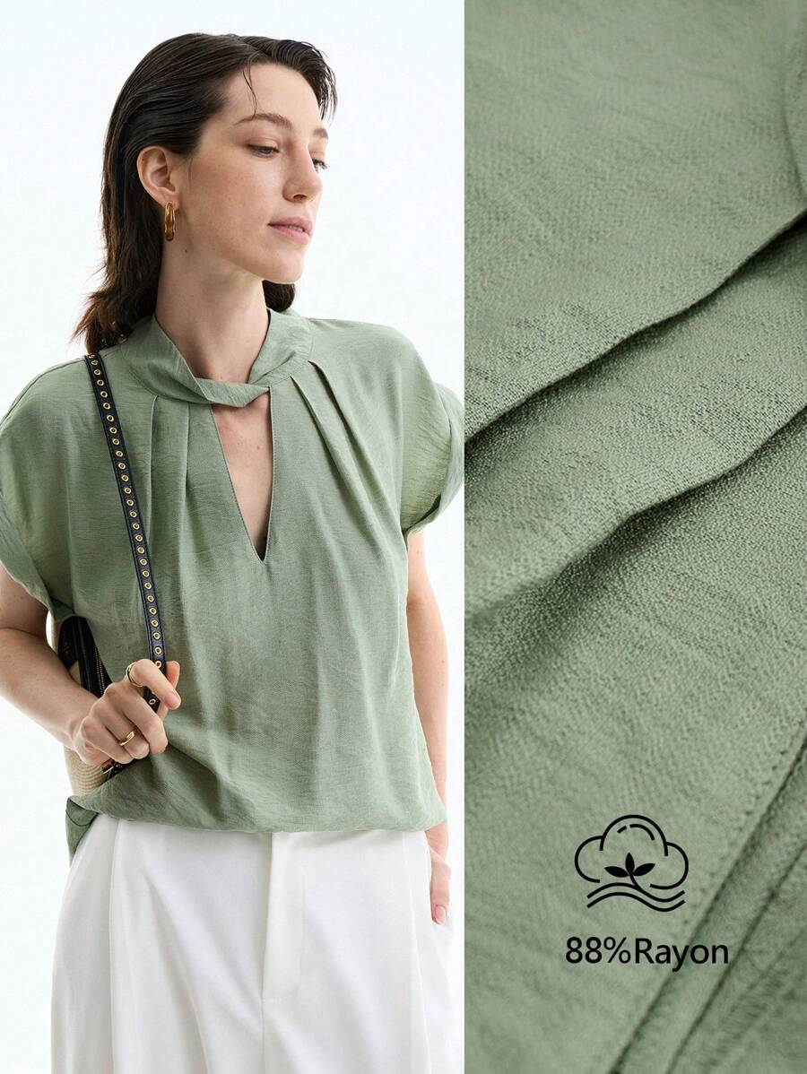 Aalyst Elegant & Minimalist Mint Green Folded Sleeve Blouse Shirt, Twist Neckline Open Window Design, Loose Casual & Commute Wear