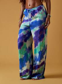 MISSGUIDED Wide Leg Resort Palazzo Pants Watercolor Print Beach Lounge Pants Comfortable Drawstring Lightweight Summer Wear - Blue - View 1