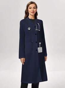 TaskEZ Solid Color Front Button-Up Mid-Length Lab Coat - Navy Blue - View 3