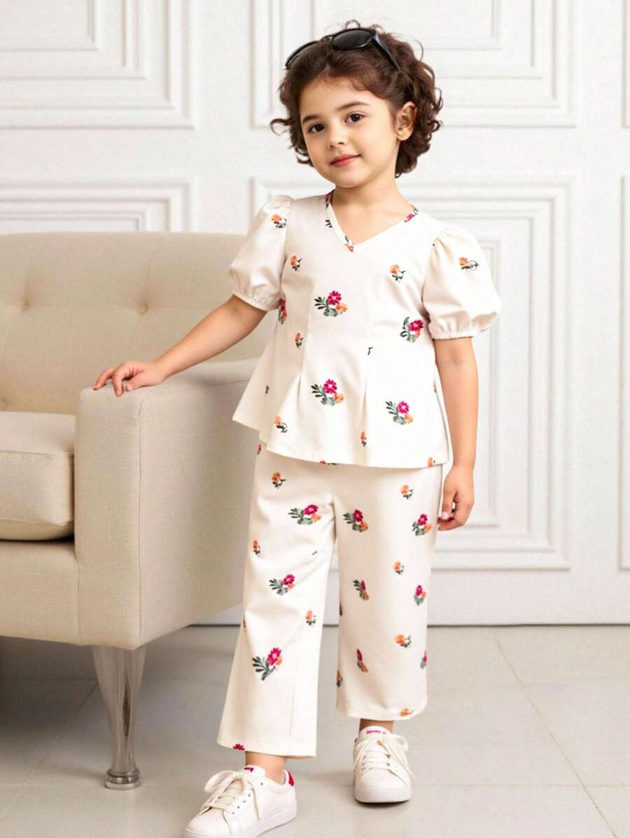 SHEIN Young Girl's Casual Fashion Ditsy Floral V-Neck Sleeveless Top And Straight Leg Pants Set - Apricot - View 1