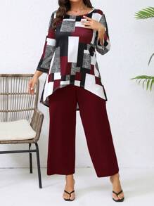 2pcs Plus Size Casual Contrast Color Geometric Print Asymmetric Hem Top And Solid Color Pants Set, Spring/Autumn - Multicolor - View 3