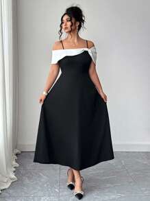 SHEIN PETITE 大码女式优雅撞色拼接细肩带露肩蝴蝶结 A 字中长连衣裙，夏季