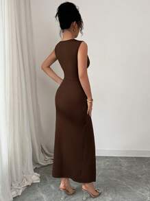 Elenzga Váy dài tối giản thanh lịch dành cho nữ, kiểu dáng tôn dáng, mùa hè - Cà phê - Xem 2