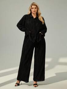 SHEIN Essnce Plus Flounce Sleeve Shirt & Wide Leg Pants
