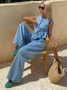 DAZY 2 piezas Conjunto de top sin mangas con cuello en V y pantalones anchos de pierna ancha casuales de verano para mujer, conjunto de ropa vaquera holgada para vacaciones, ropa de vuelta al colegio - Lavado ligero - Ver 2