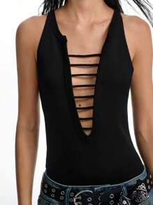 LYSMO Women's Sexy Black Hollow Line Backless Camisole Summer Top, Y2K Nightclub Party And BOHO Chic - Black - View 6