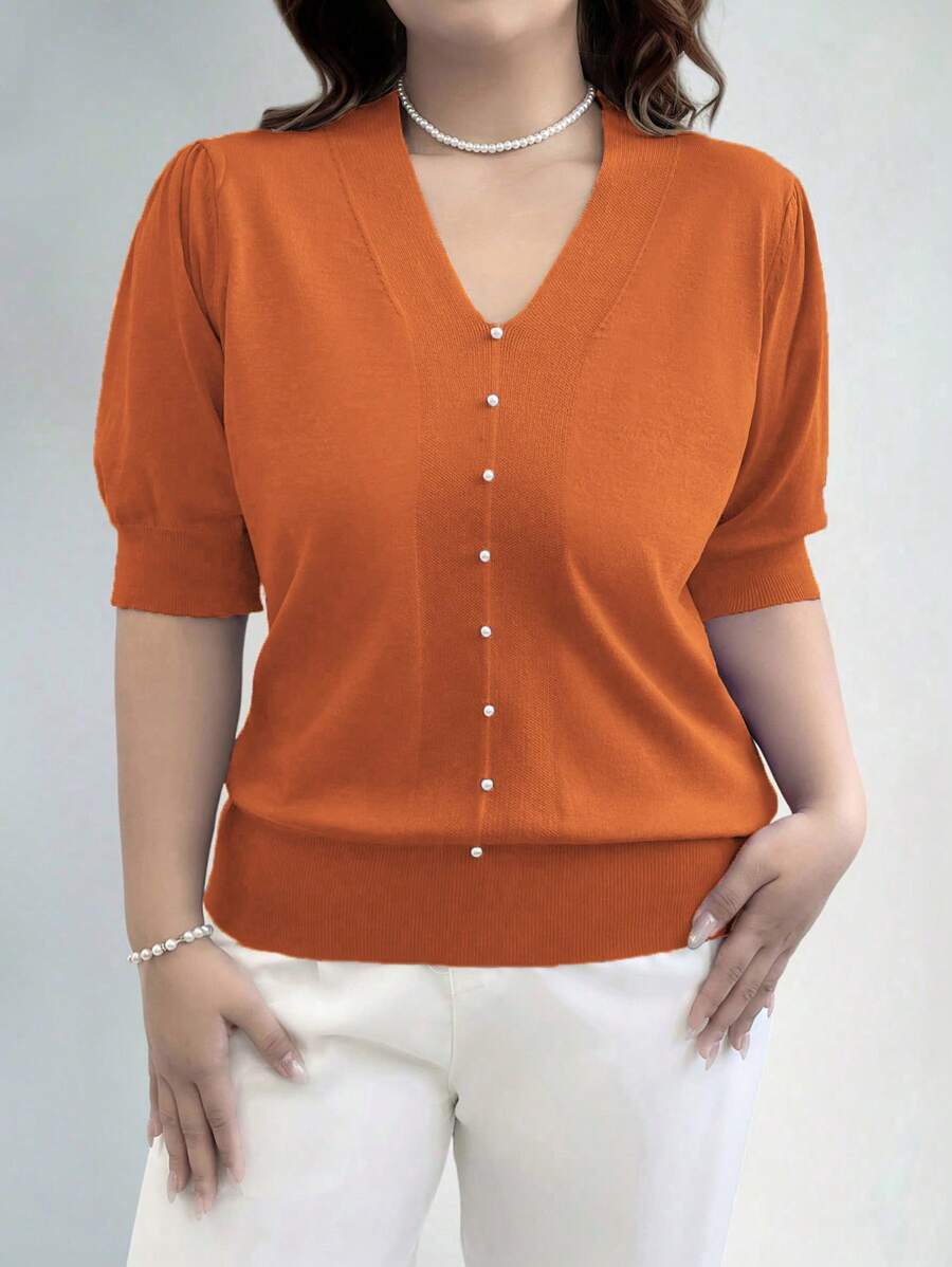 EMERY ROSE 大码休闲纯色短袖针织套头衫，适合秋冬季节穿着。