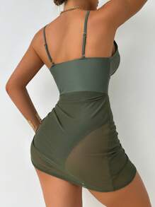 Swim Lushoire Women's Vacation Solid Color Spliced Mesh Side Drawstring Sexy Spaghetti Strap Swim Dress