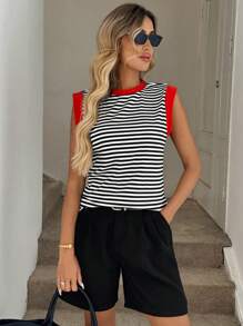 Easowa Mùa hè giản dị Sọc Khối màu Áo thun - Nhiều màu - Xem 3