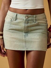 MISSGUIDED Women Studded Mini Denim Skirt Y2K Festival Retro Dotted Hotfix Crystal Party Club Micro Summer Spring Clothing - Baby Blue - View 1