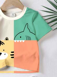 SHEIN Boys Casual Comfortable Cute Cartoon Tiger, Shark, Happy Childhood Graphic Print Round Neck Short Sleeve T-Shirt, Suitable For Summer, Outdoor, Homewear, Picnic, Animal Park, Amusement Park - Multicolor - View 4
