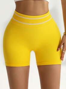 Seamluxe SHEIN Sport 1 Stück gelbe Fischgrätmuster nahtlose gestrickte Taille Sport Shorts, Lässig & Athletisch Workout Kurz