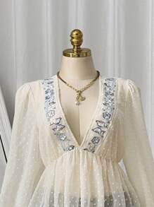 SHEIN Clasi Plus Size Floral Lace Patchwork Chiffon Blouse, Resort Style, Spring/Summer Elegant Exquisite - Apricot - View 8