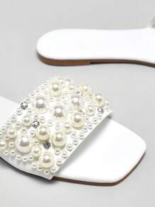 SHUZIA Women's Glamorous White Faux Pearls Slip On Spring Flat Sandals Shoe Spring Shoes Spring Break Easter Vacation Shoes Casual Shoes Beach Shoes Mother's Day Present - White - View 4