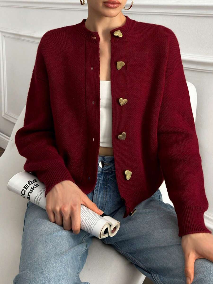 EURMUSE Women Heart Shape Button Burgundy Cardigan For Winter Red Cardigan Cardigan Sweater Red Sweater Heart Button Cardigan Gold Button Cardigan,Long Cardigans Woman,Petite Cardigans,Cardigans - Burgundy - View 1