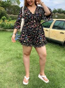 SHEIN EZwear 加大码轻盈花卉连体裤，适合夏季度假和休闲穿着 - 黑色 - 查看 4