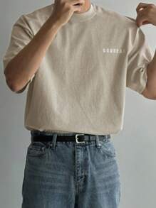DAZY Men's Letter Print Beige Round Neck Drop Shoulder Short Sleeve Casual T-Shirt, Summer - Beige - View 6