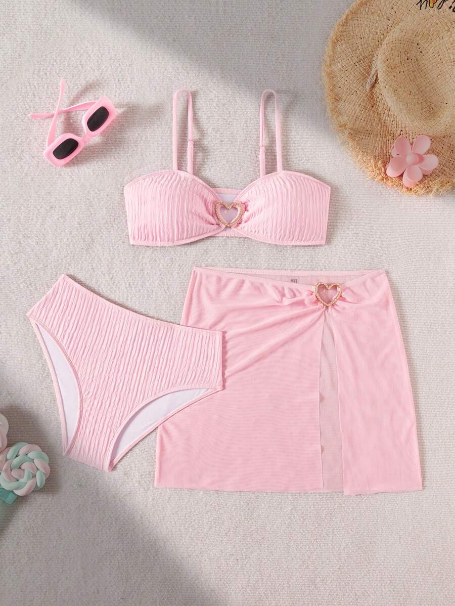 Tween Girls 3pcs Bikini Set, Pink Bandeau Bralette Crop Top, Pink Triangle Bottoms, Pink Mesh Skirt - Pink - View 1