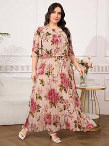 Reflora 大码女式几何优雅雪纺荷叶边褶皱连衣裙，夏季大码夏装大码碎花连衣裙大码连衣裙女士大码夏装曲线夏装女士夏装曲线碎花大码连衣裙大码连衣裙大码碎花夏装曲线加大码夏装大码长裙优雅连衣裙女士夏装女士夏装 - 彩色 - 查看 5