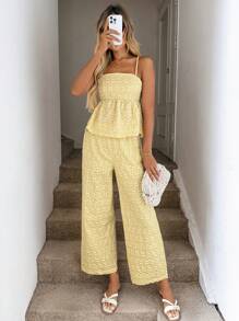 Easowa 黄色可爱碎花吊带背心和松紧腰裤两件套，夏季奶油黄柠檬连衣裙夏威夷服装女式欧洲夏季两件套夏季套装度假两件套 - 黃色 - 查看 6