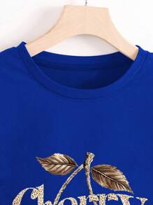 INAWLY Women Leopard & Cherry Print Loose Drop Shoulder Round Neck T-Shirt - Blue - View 4