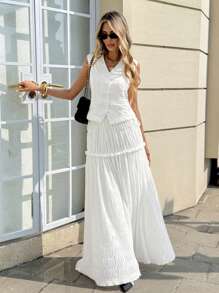 Siren Gaze Falda plisada de unicolor con volantes en el dobladillo, informal para vacaciones