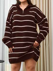 EURMUSE Plus Size Front Zipper Long Sleeve Striped Casual Top, Everyday Wear - Brown - View 3