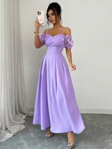 Elenzga Vestido formal elegante y vintage con volantes de gasa, mangas abombadas y cintura hueca en corte evasé, adecuado para graduación y galas - Púrpura malva - Ver 4