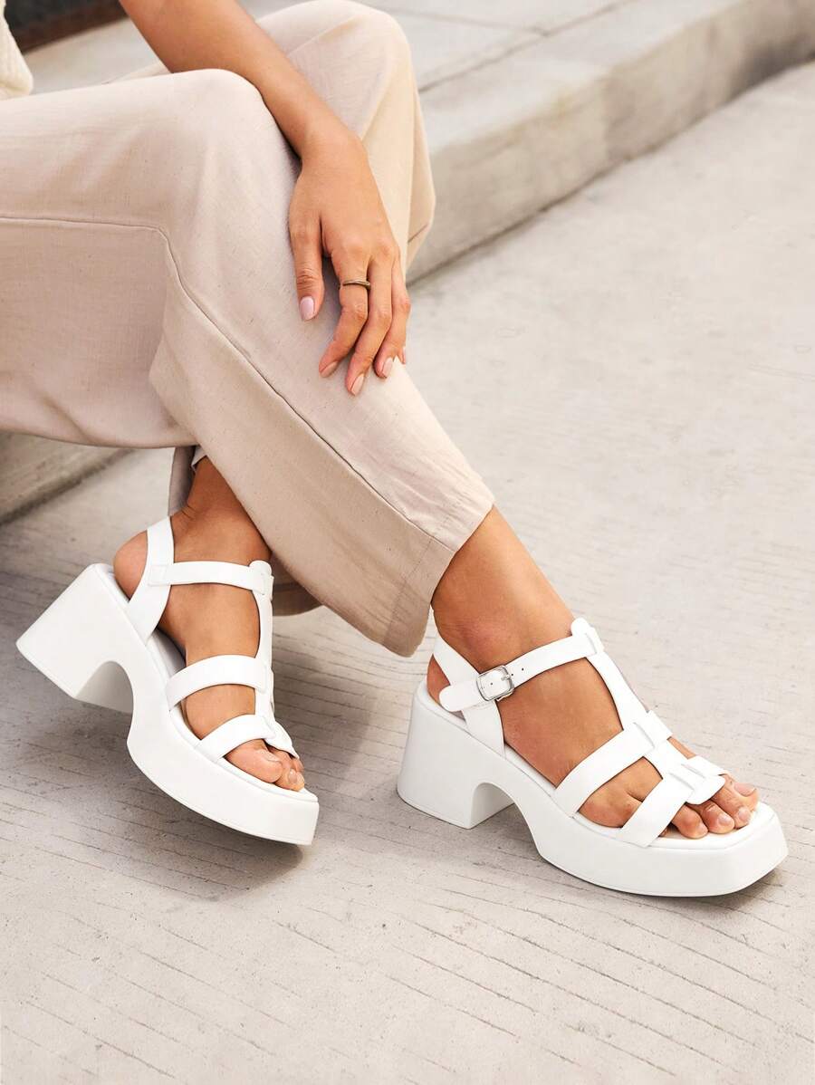 HighSole 女士休闲舒适厚底方头白色罗马凉鞋 - 白色 - 查看 1