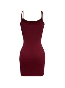 INAWLY Women Solid Color Simple Casual Spaghetti Strap Dress - Burgundy - View 2