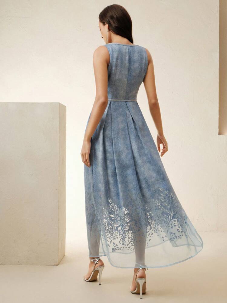 Women's Denim Tencel V-Neck Tiered A-Line Dress, Elegant New Design For Spring Summer