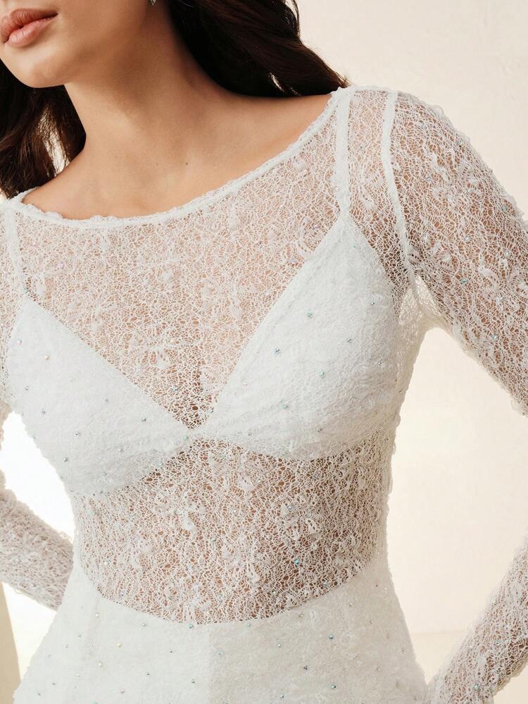 Sexy cache-maillot ajouré en dentelle plissée et texture de strass pour femmes