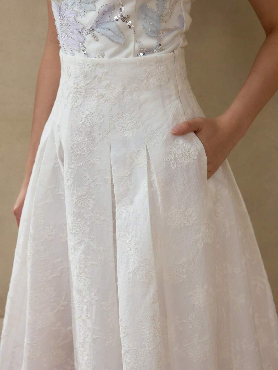 MOTF PREMIUM 提花纯色高腰斜口袋喇叭裙 - 白色 - 查看 2