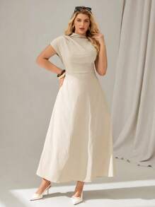 Auralis Damen Große Größen Sommer V-Ausschnitt plissiertes Fledermausärmel Elegant Kleid - Aprikosenfarben - Übersicht 7