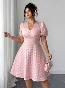 Elenzga Plus Size Women's Embossed Floral High-Quality Hot-Selling Puff Sleeve Short Vacation Summer Dress